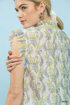 Floral flutter sleeve split-neck top close-up detail, light blue print