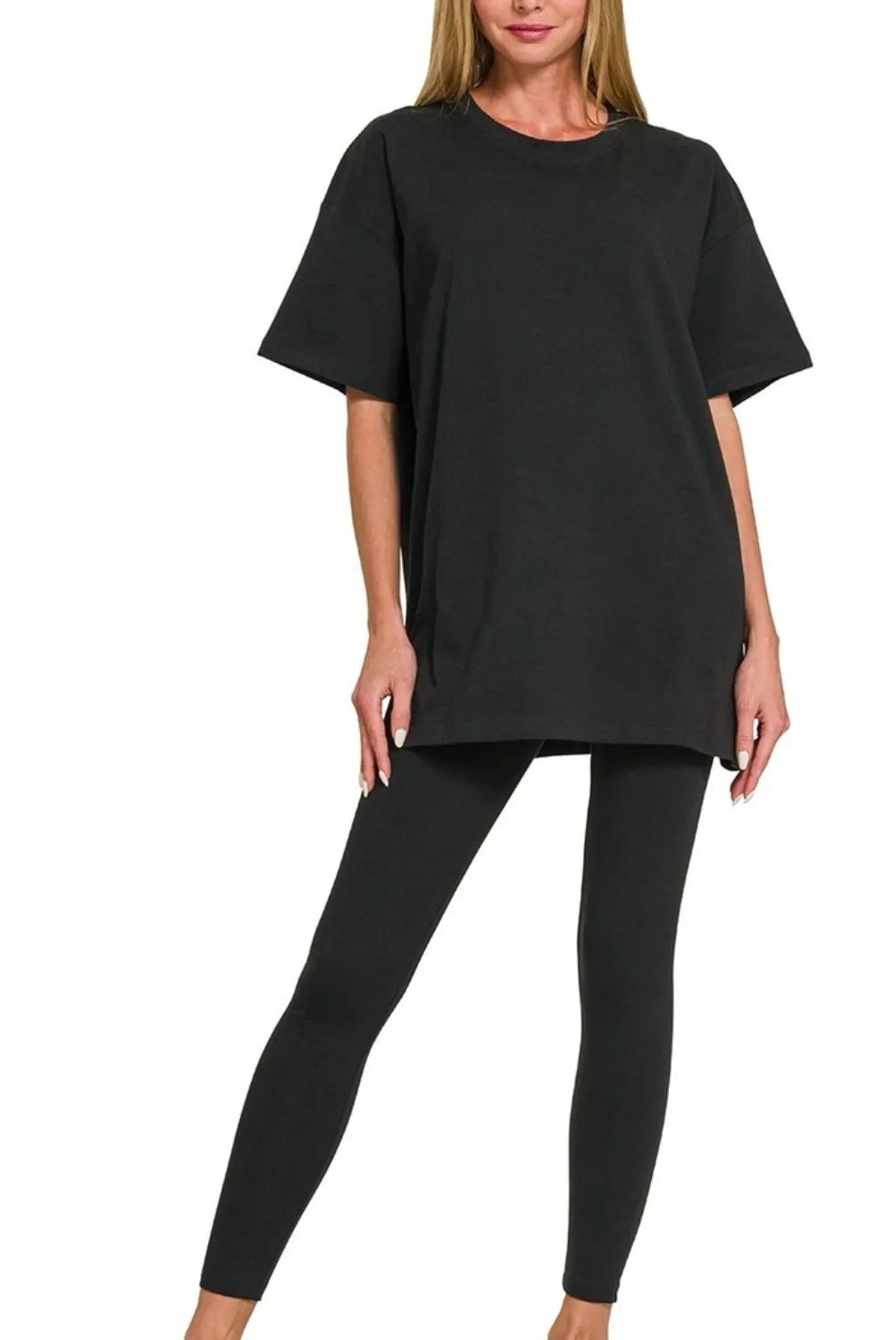Oversized T-Shirt & Leggings Set – Comfy, Stretchy & Stylish in Black