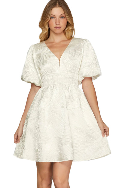 She + Sky Crinkle Woven V-Neck Balloon Sleeve Mini Dress