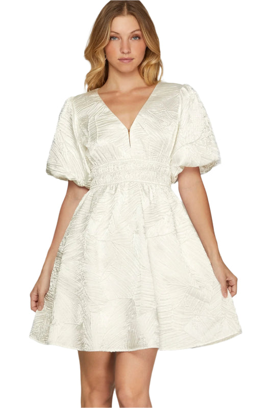 She + Sky Crinkle Woven V-Neck Balloon Sleeve Mini Dress