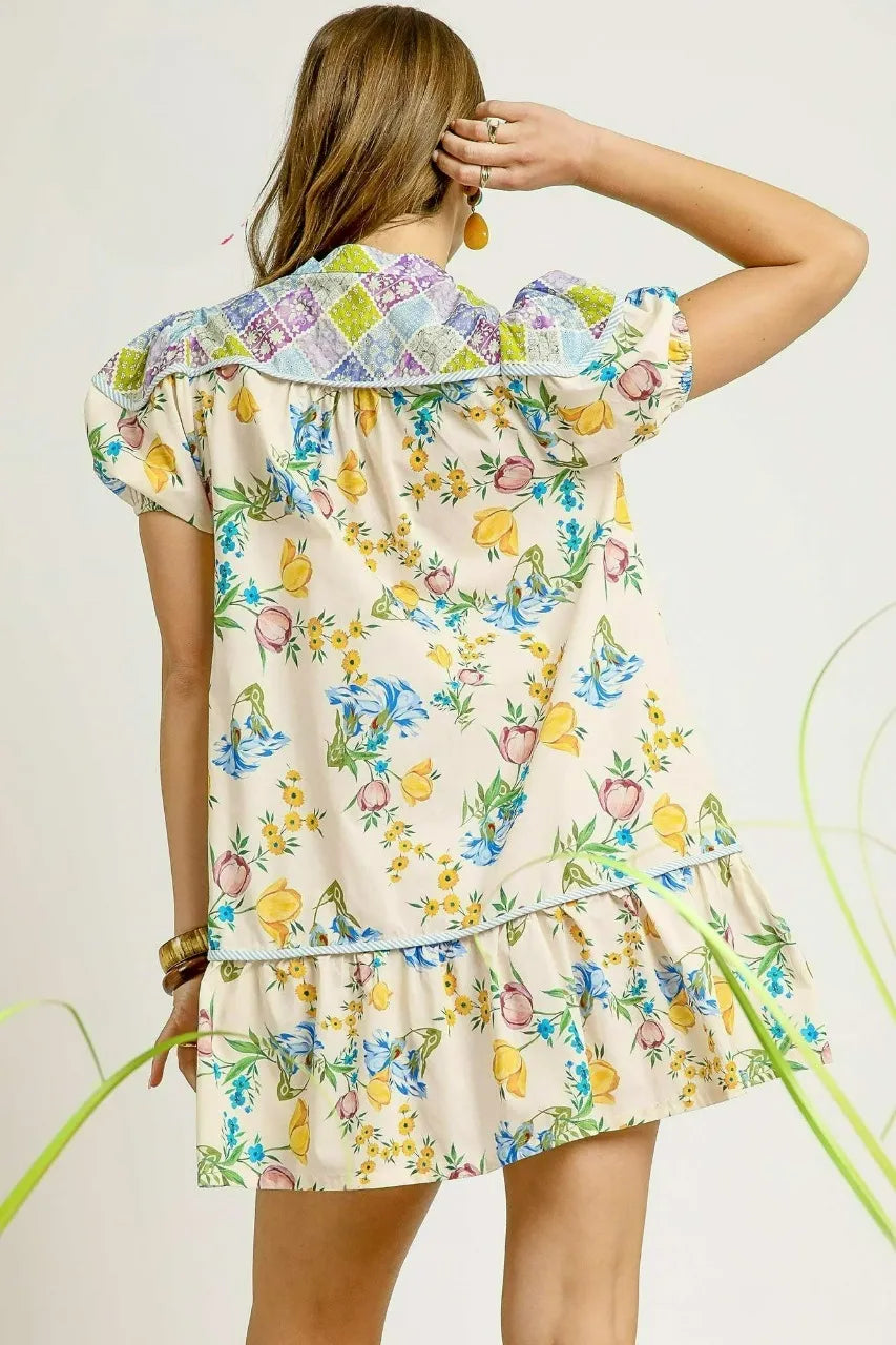 Floral Tie Neck Puff Sleeve Dress Vintage-Inspired Elegance