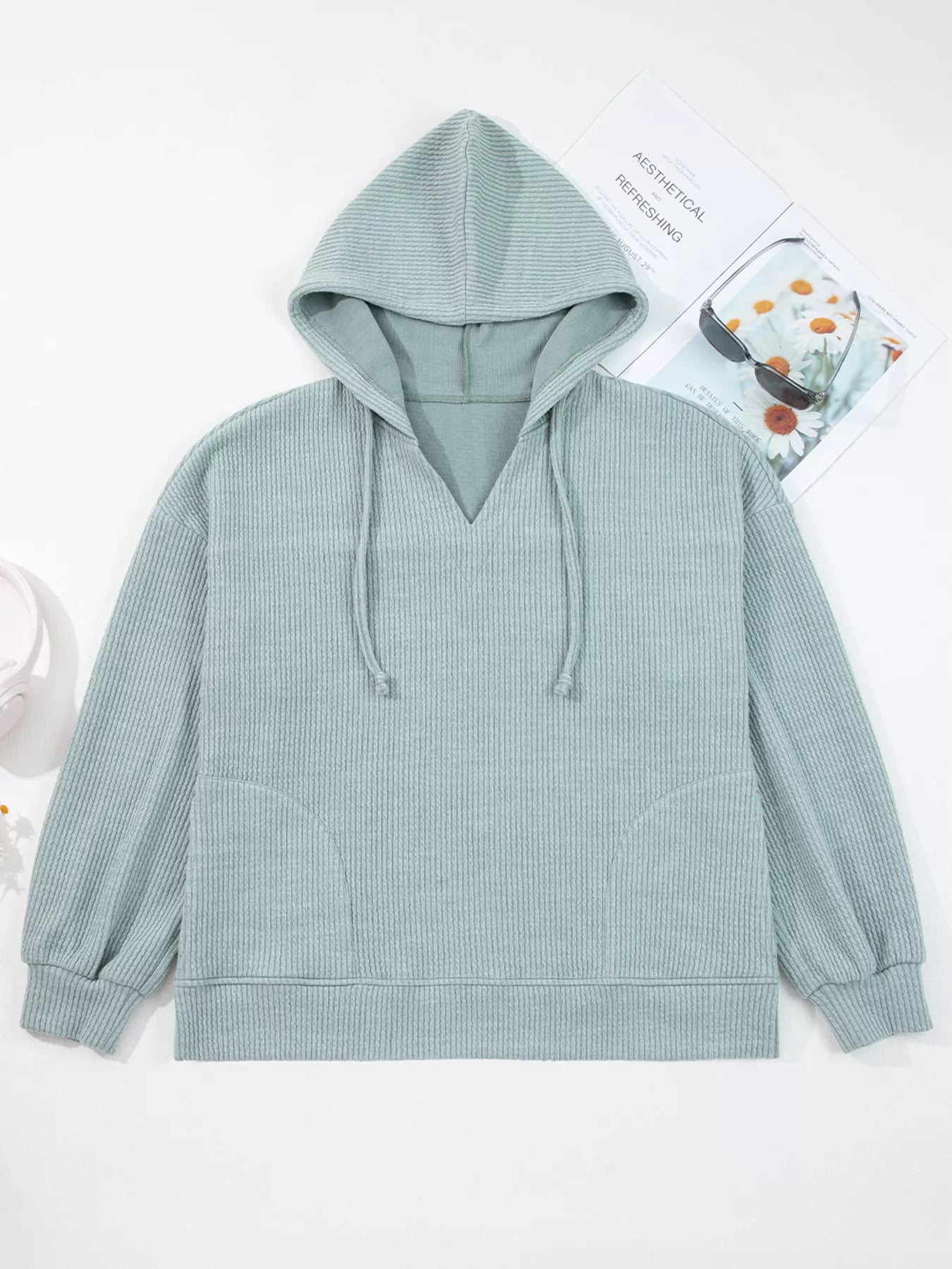 Ribbed Drop Shoulder Knit Hoodie – Cozy Casual Pullover