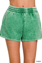 Acid-washed dolphin shorts with elastic waistband, forest green