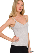 Heather gray double-layer spaghetti strap cami, wide V-neckline, slim fit