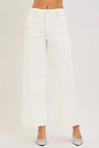 RISEN high-rise cream denim wide-leg jeans with zip fly, belt loops, front seam