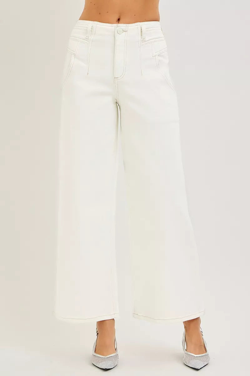 RISEN high-rise cream denim wide-leg jeans with zip fly, belt loops, front seam