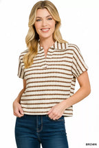 Striped split-neck collared blouse, short sleeves in brown and cream