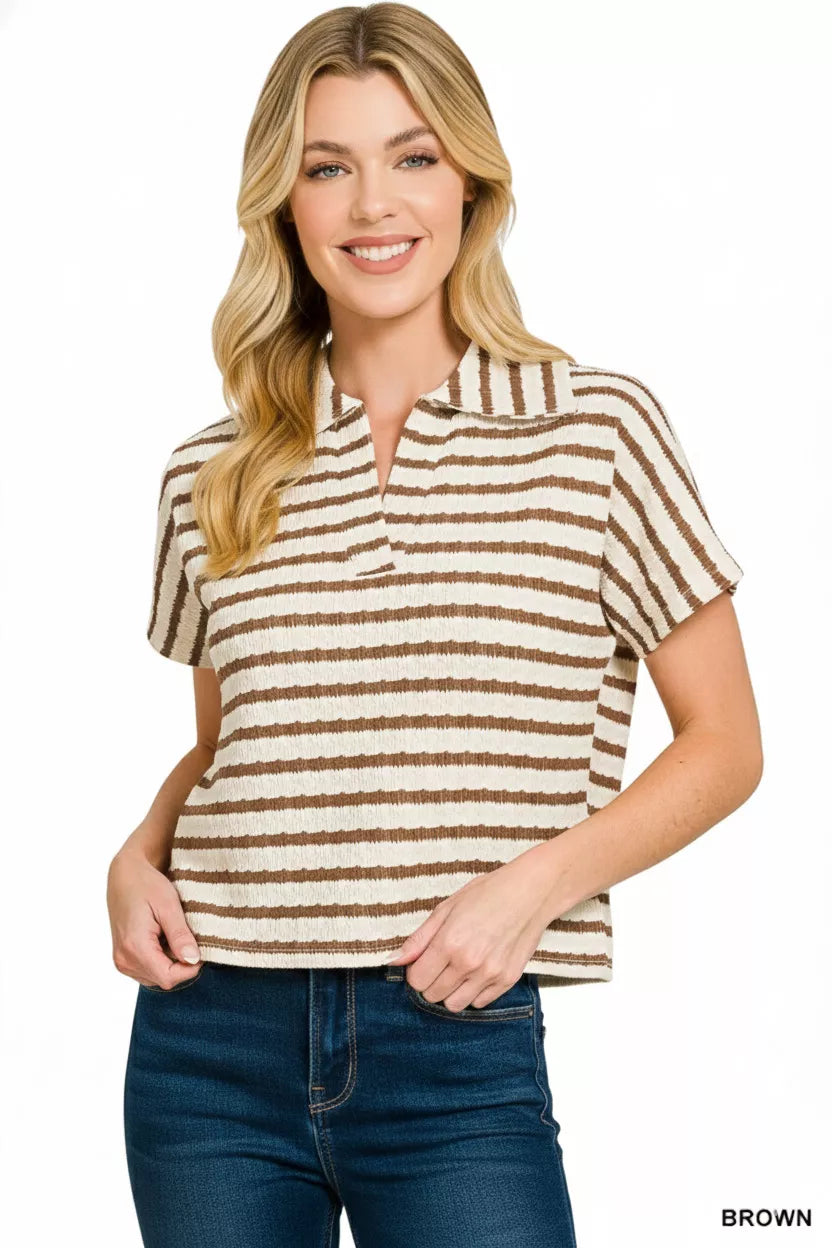 Striped split-neck collared blouse, short sleeves in brown and cream