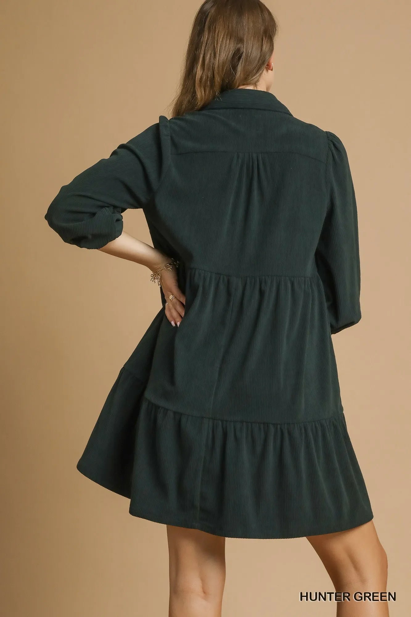 Hunter Green Tiered V-Neck Dress – Balloon Sleeve Flowy Short Dress