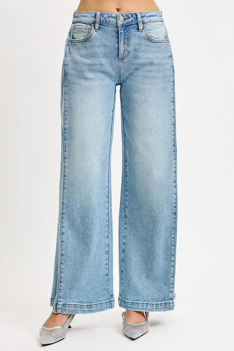 Mid Rise Wide Barrel Snap Hem Jeans | Versatile Trendy Denim