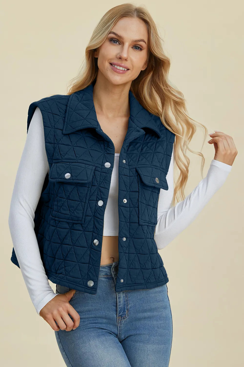 Double Take Full Size Snap Down Textured Vest Coat with Pockets