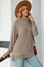 Mock-neck long-sleeve slit tee, heather gray-brown, relaxed fit with curved hem and side slit.