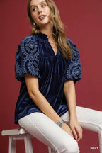 Navy Velvet Embroidered Sleeve Blouse Boho Chic Elegance