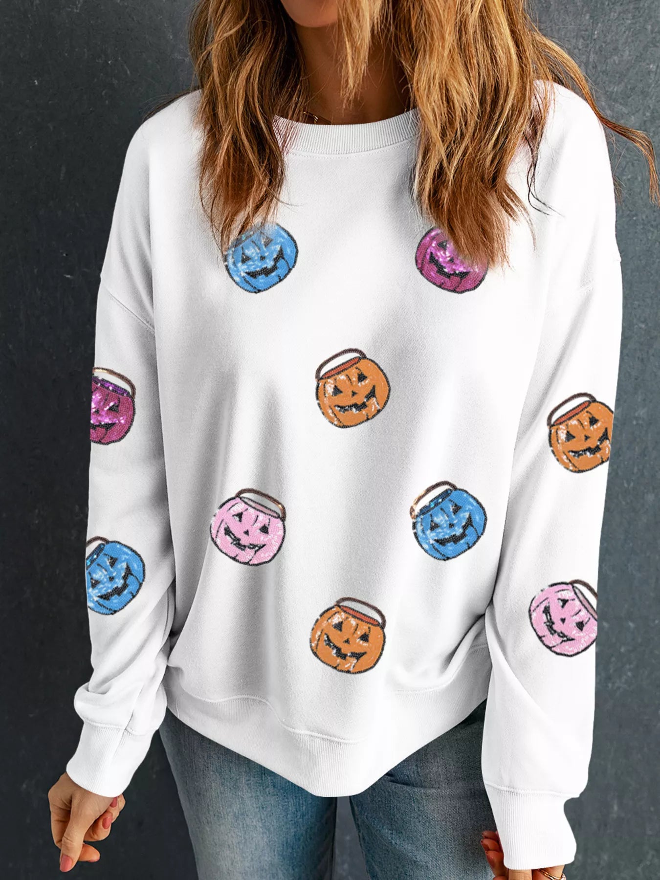 Halloween Pumpkin Lantern Sequin Sweatshirt – Festive & Cozy