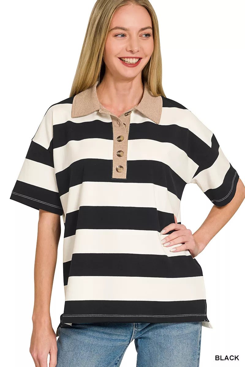 Striped collared polo shirt in black and white with button placket