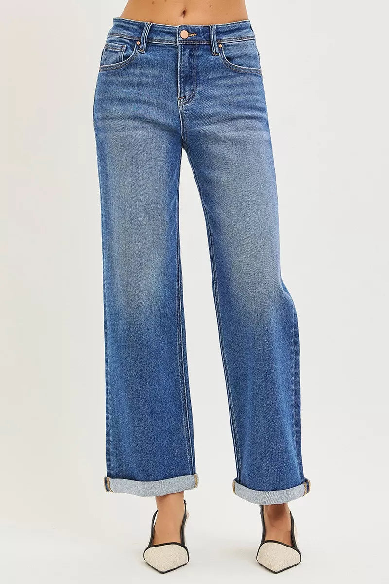High-rise relaxed-fit blue straight ankle jeans with cuffed hem