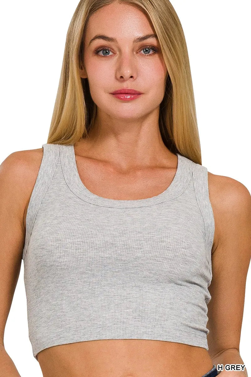 Grey ribbed scoop-neck cropped tank, sleeveless close fit