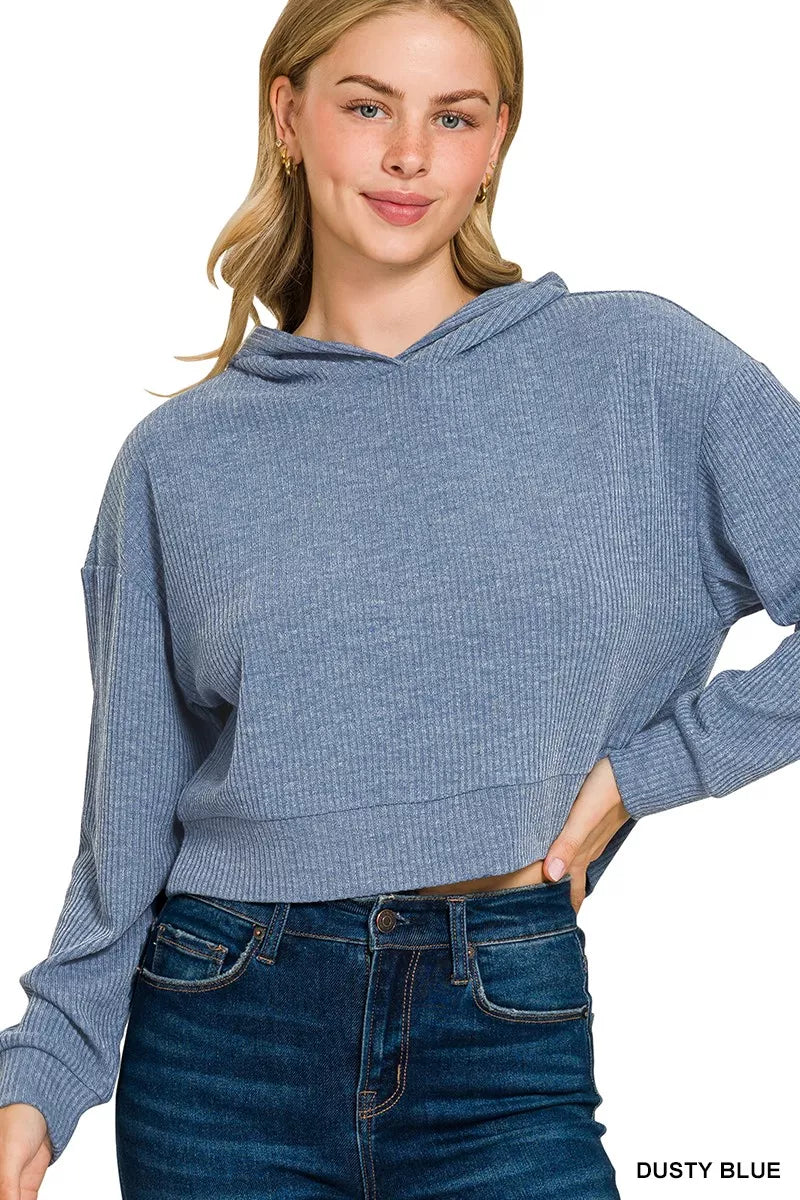 Zenana Drop Shoulder Ribbed Crop Hoodie – Trendy & Cozy Streetwear