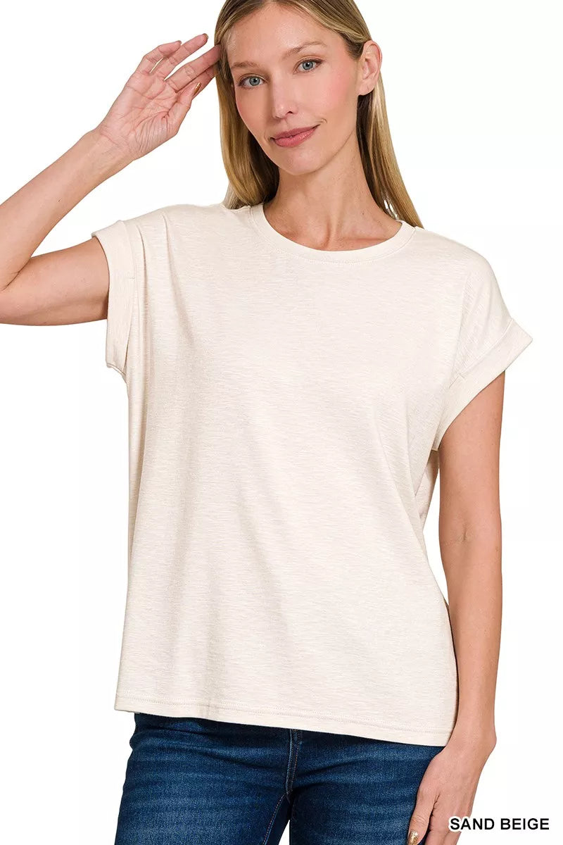 Zenana Cotton Modal Slub Rolled Sleeve T-Shirt – Soft & Effortless