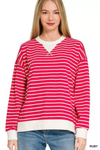Ribbed round-neck sweatshirt with ruby and white horizontal stripes, contrast cuffs and hem