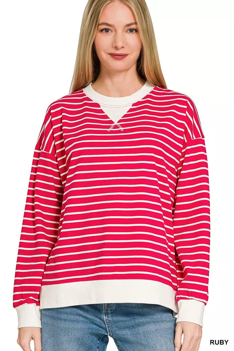 Ribbed round-neck sweatshirt with ruby and white horizontal stripes, contrast cuffs and hem