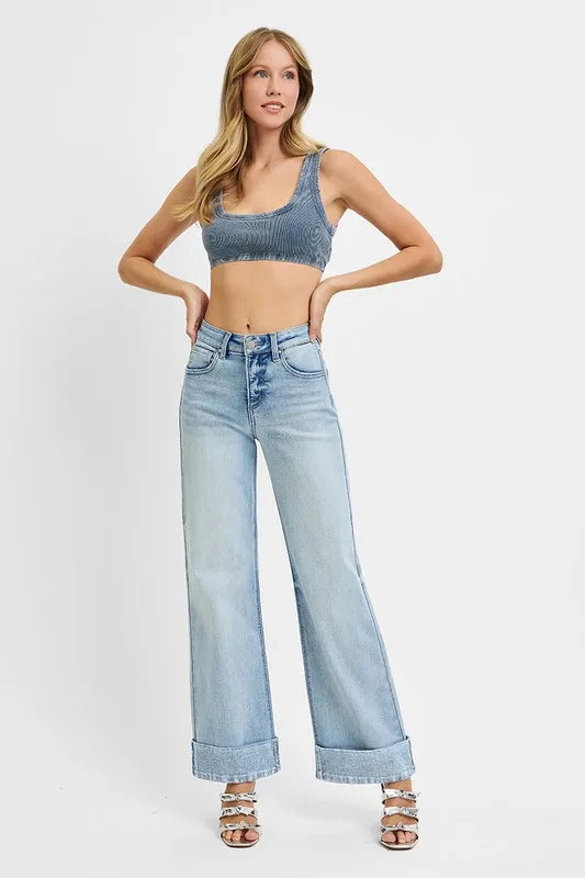 Tummy Control High Rise Ankle Wide Cuffed Jeans | Slimming Trendy Fit