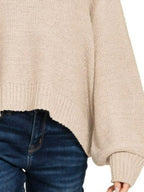 Sand Beige Oversized Pullover Sweater – Cropped Knit with Balloon Sleeves