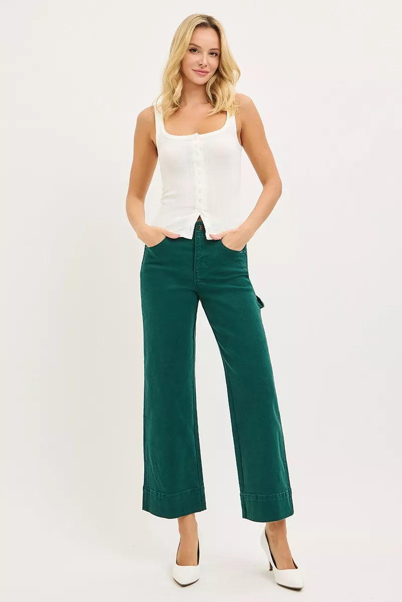 Hunter green high-rise wide-leg crop jeans for women, front pockets and center seam