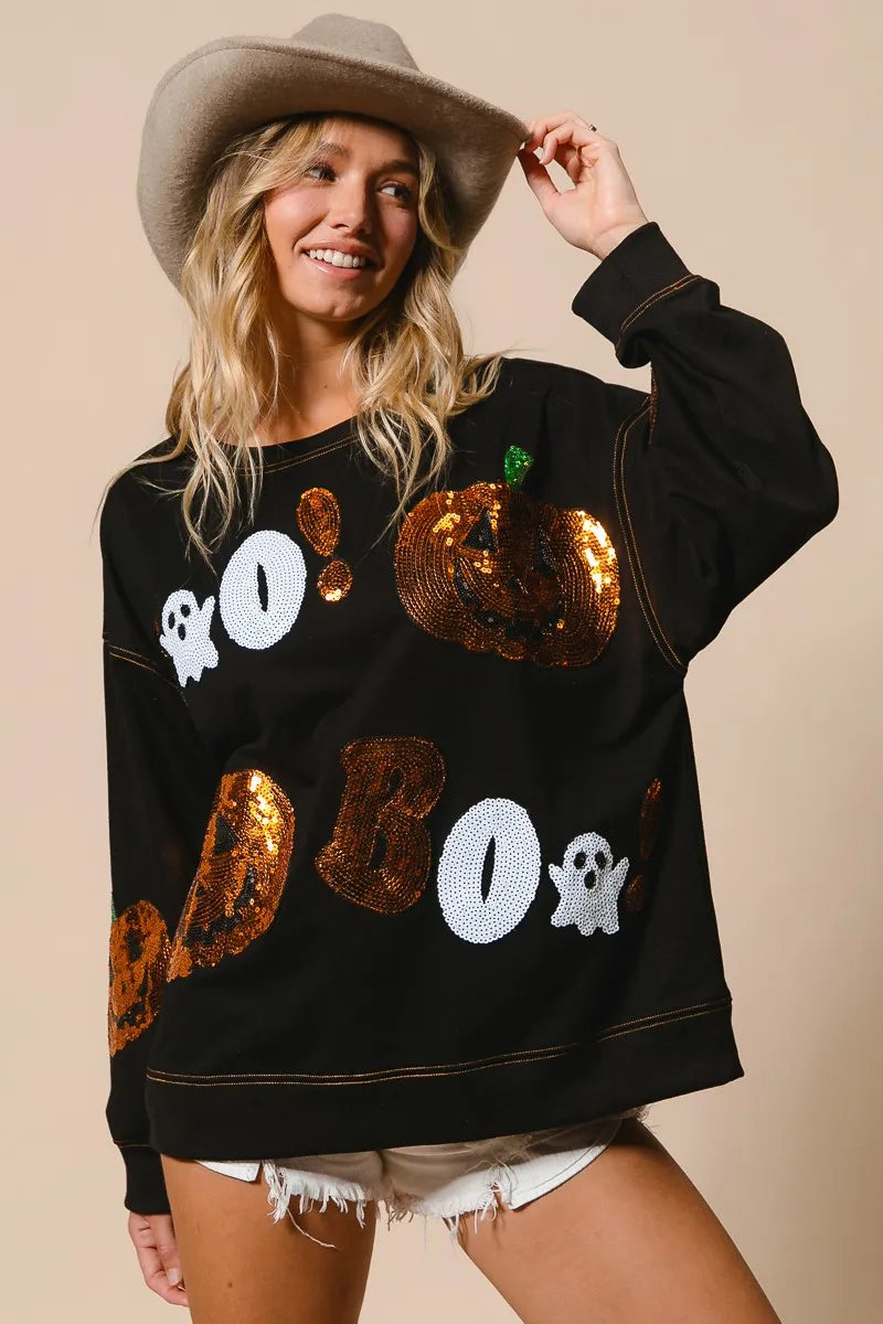 Halloween Sequin Pumpkin & Ghost Sweatshirt – Oversized Black Pullover