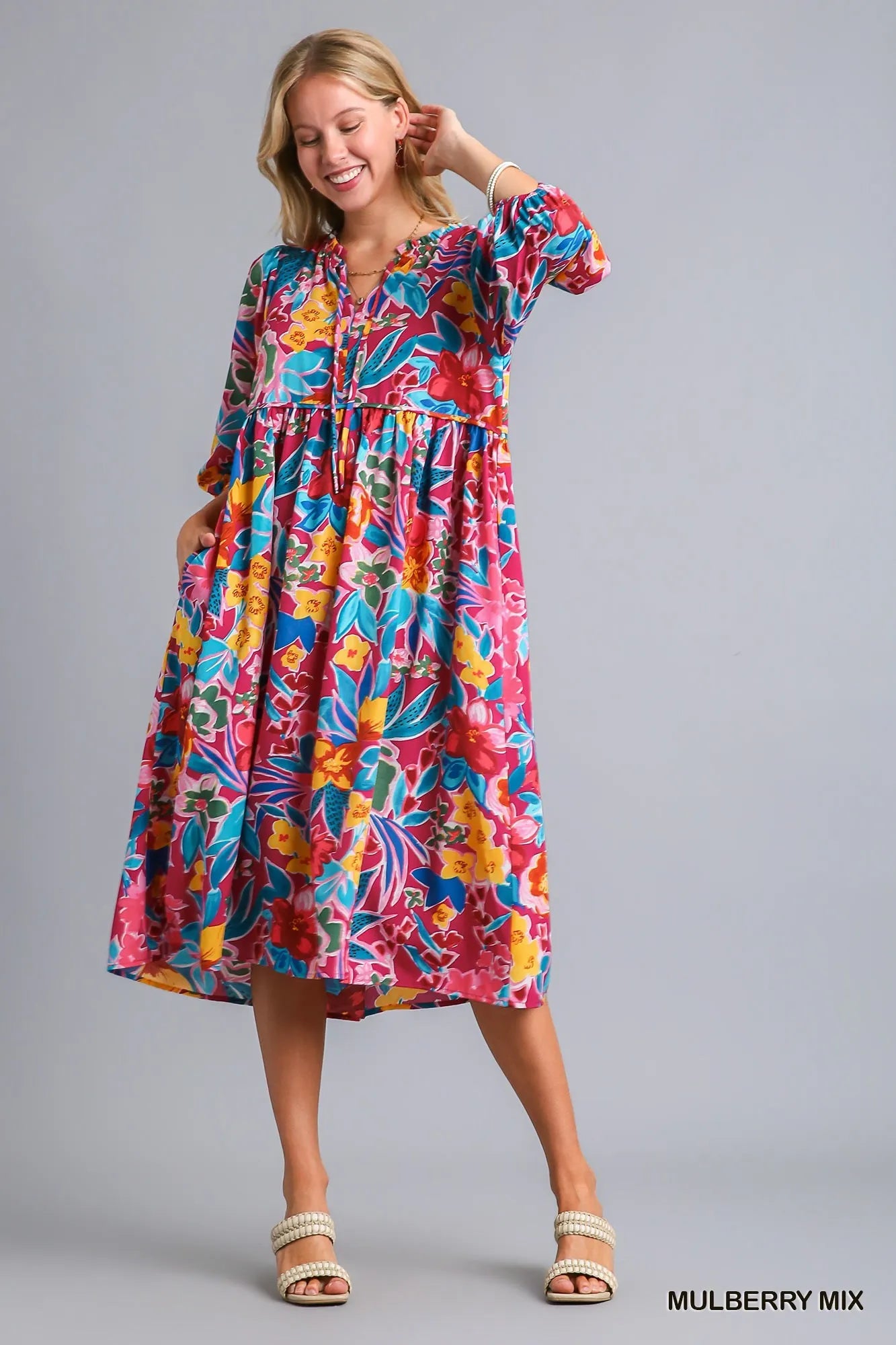 Floral Print Tie Neck Midi Dress with Pockets – Elegant & Chic