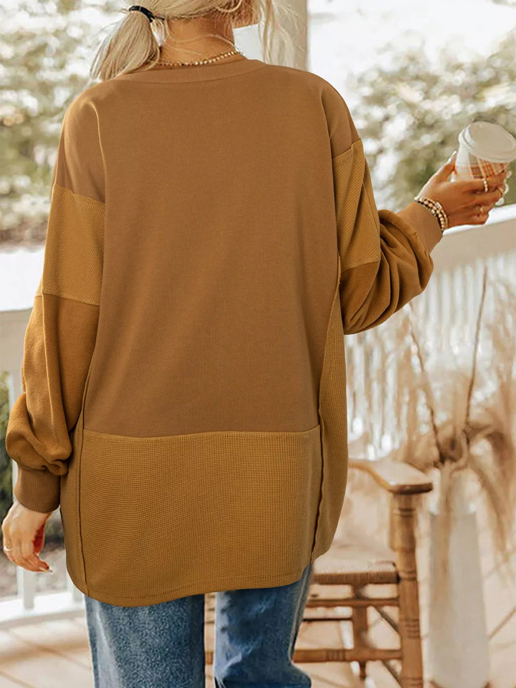 Oversized Textured Split Neck High Low Sweatshirt – Casual & Cozy