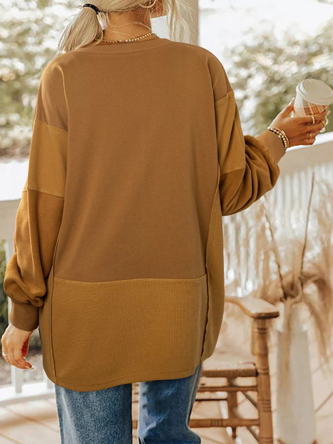 Oversized Textured Split Neck High Low Sweatshirt – Casual & Cozy