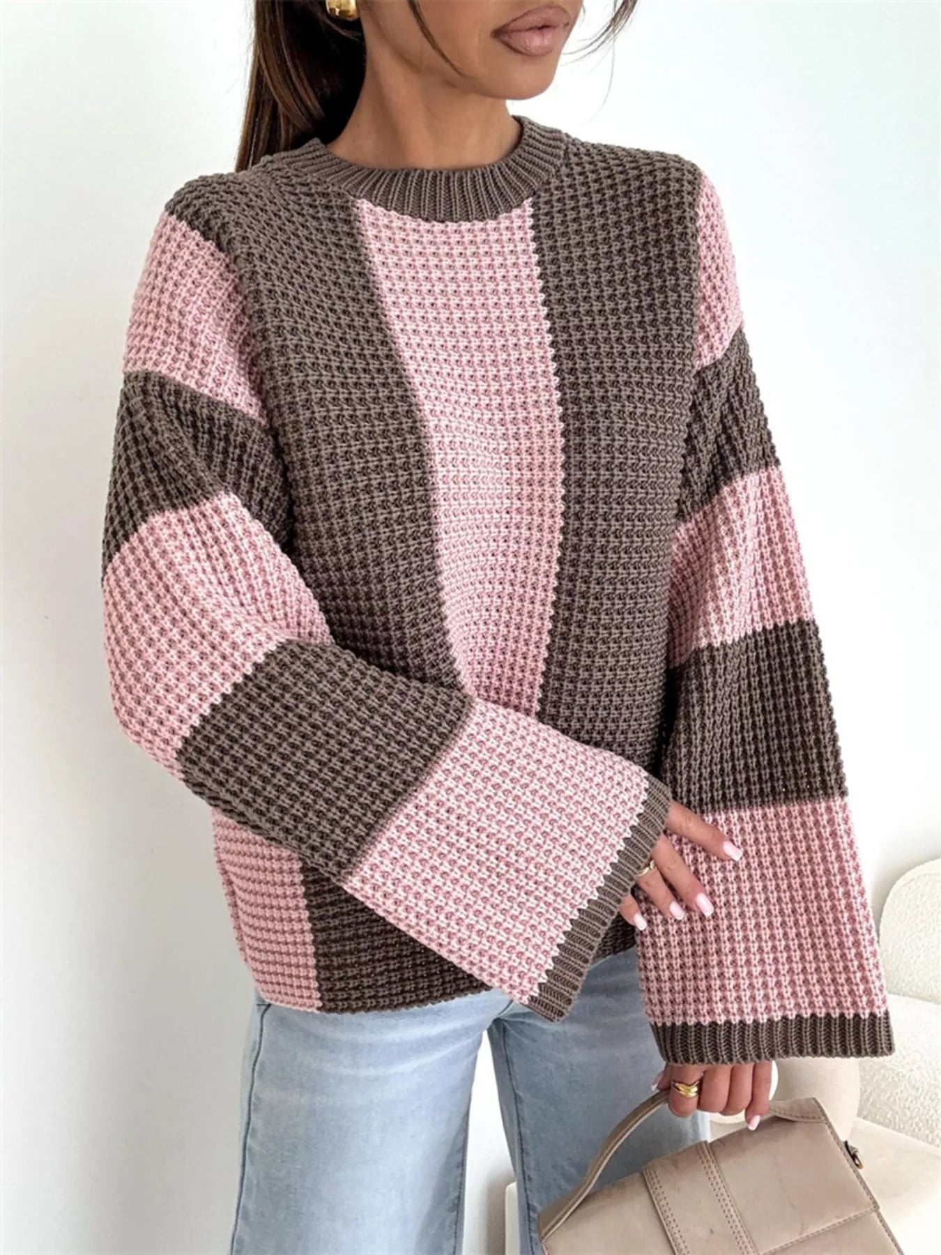 Color Block Long Sleeve Sweater – Trendy Casual Knitwear