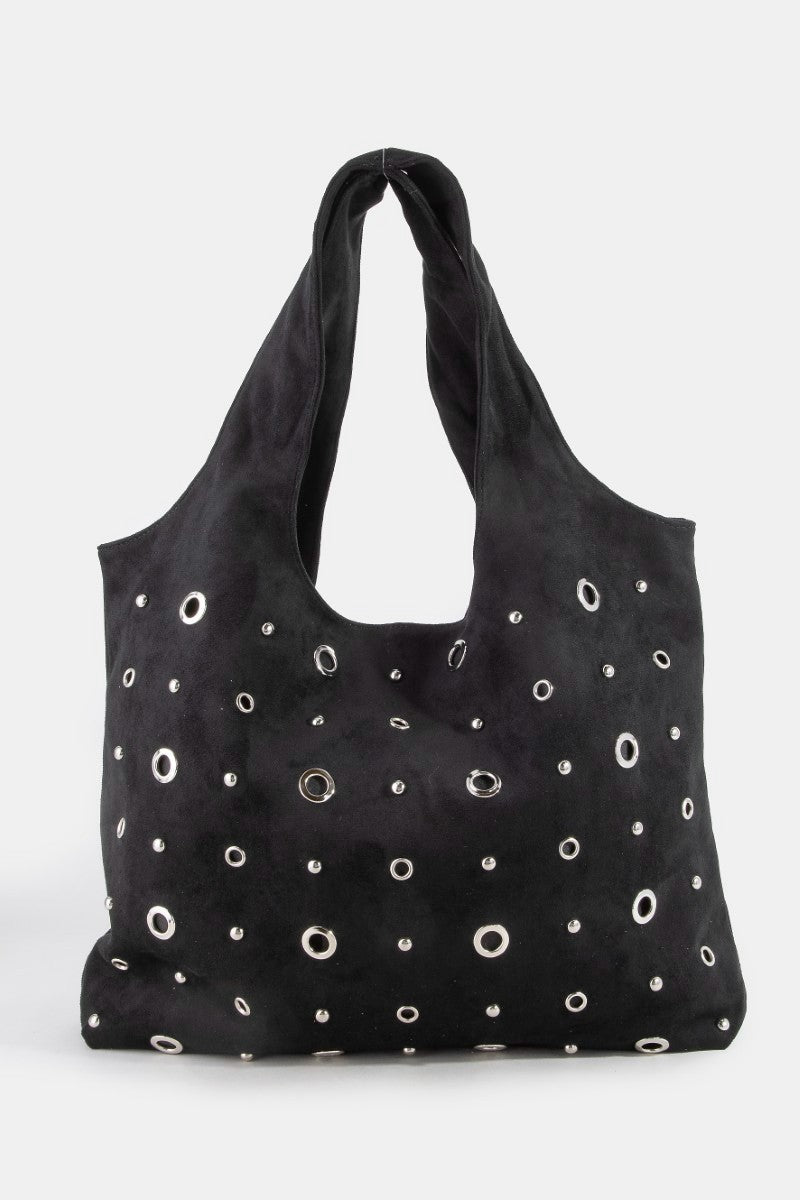 Large suede shoulder tote in black with silver grommet eyelets and short handles
