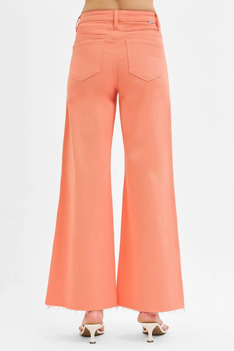 Coral Pink Wide Leg Jeans – High Waist Stretch Denim