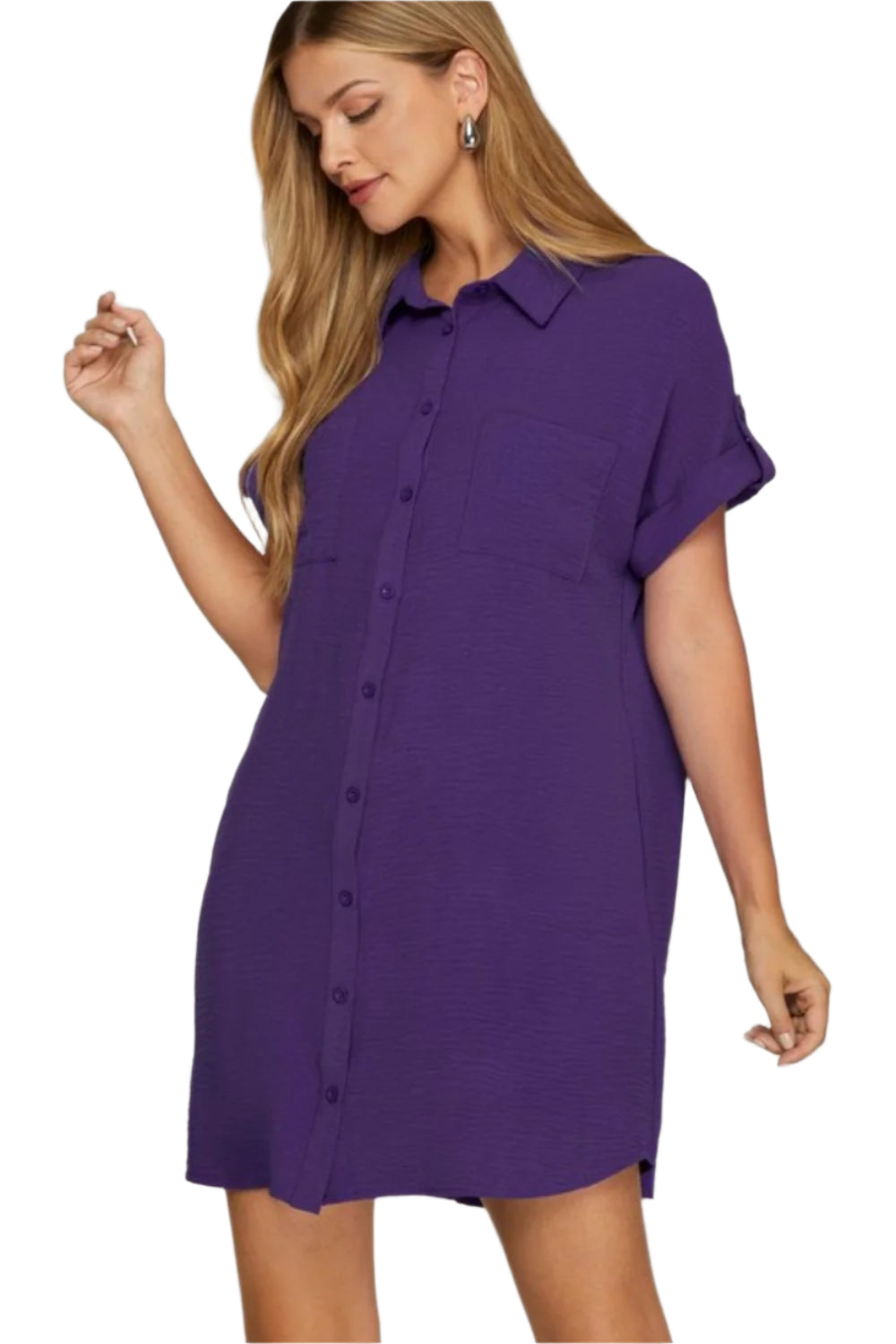 She + Sky Button Down Short Sleeve Woven Shirt Dress