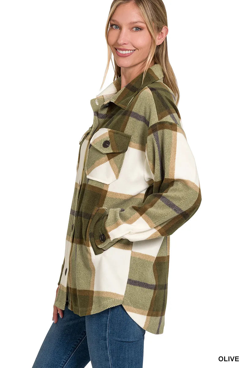 Olive Green Plaid Flannel Jacket Soft Relaxed Fit Button-Up Layer