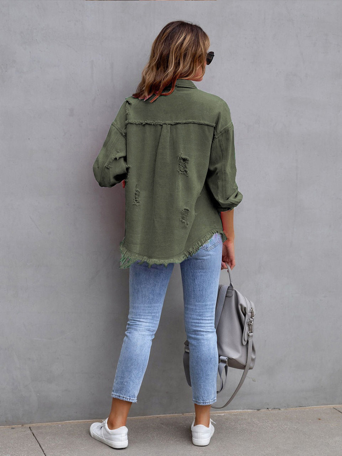 Distressed Drop Shoulder Denim Jacket – Casual Oversized Style