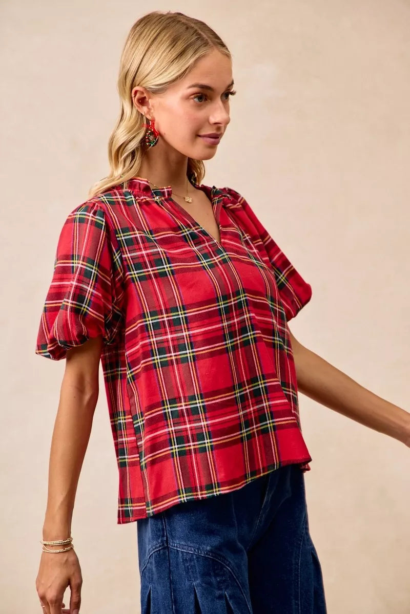 BiBi Christmas Plaid Ruffled Blouse – Festive Short Sleeve Holiday Top