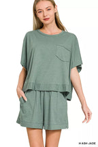 Boxy exposed-seam top and shorts set, heather jade green, crew neck, pocket