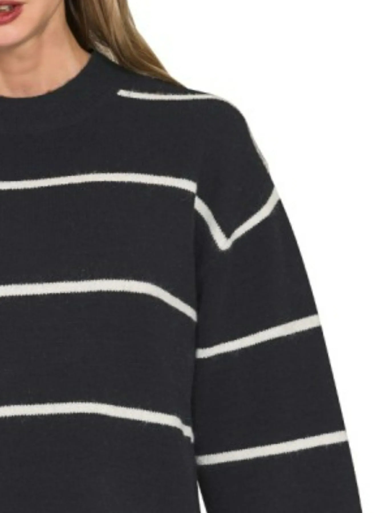 Black & White Striped Crew Neck Pullover – Relaxed Fit Knit Sweater