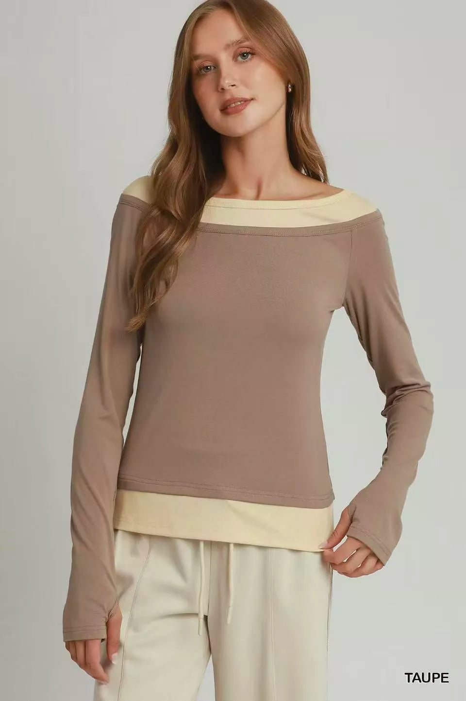 Layered twofer long sleeve top in taupe with cream neckline and hem bands