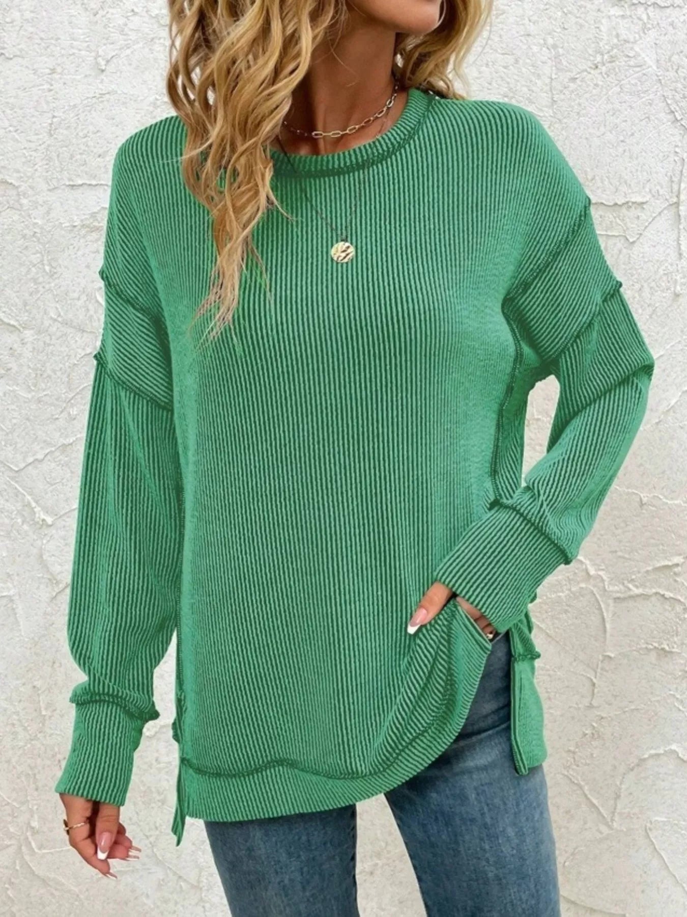 Side Slit Round Neck Dropped Shoulder Sweatshirt – Relaxed Casual Fit