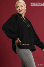Linen Scallop Hem Blouse with Contrast Trim | Chic Women’s Casual Top