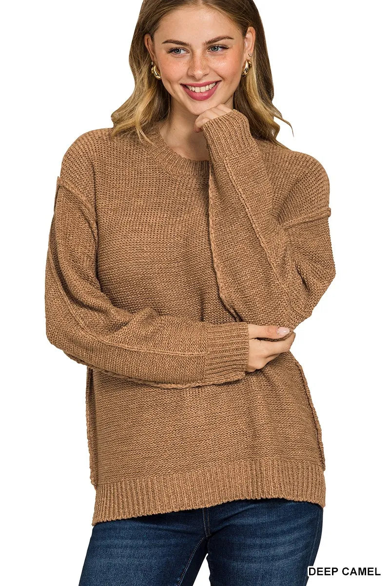 Exposed Seam Round Neck Sweater Trendy & Cozy Everyday Style