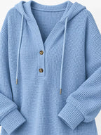 Waffle-knit button hoodie, light blue, long sleeves, drawstring hood