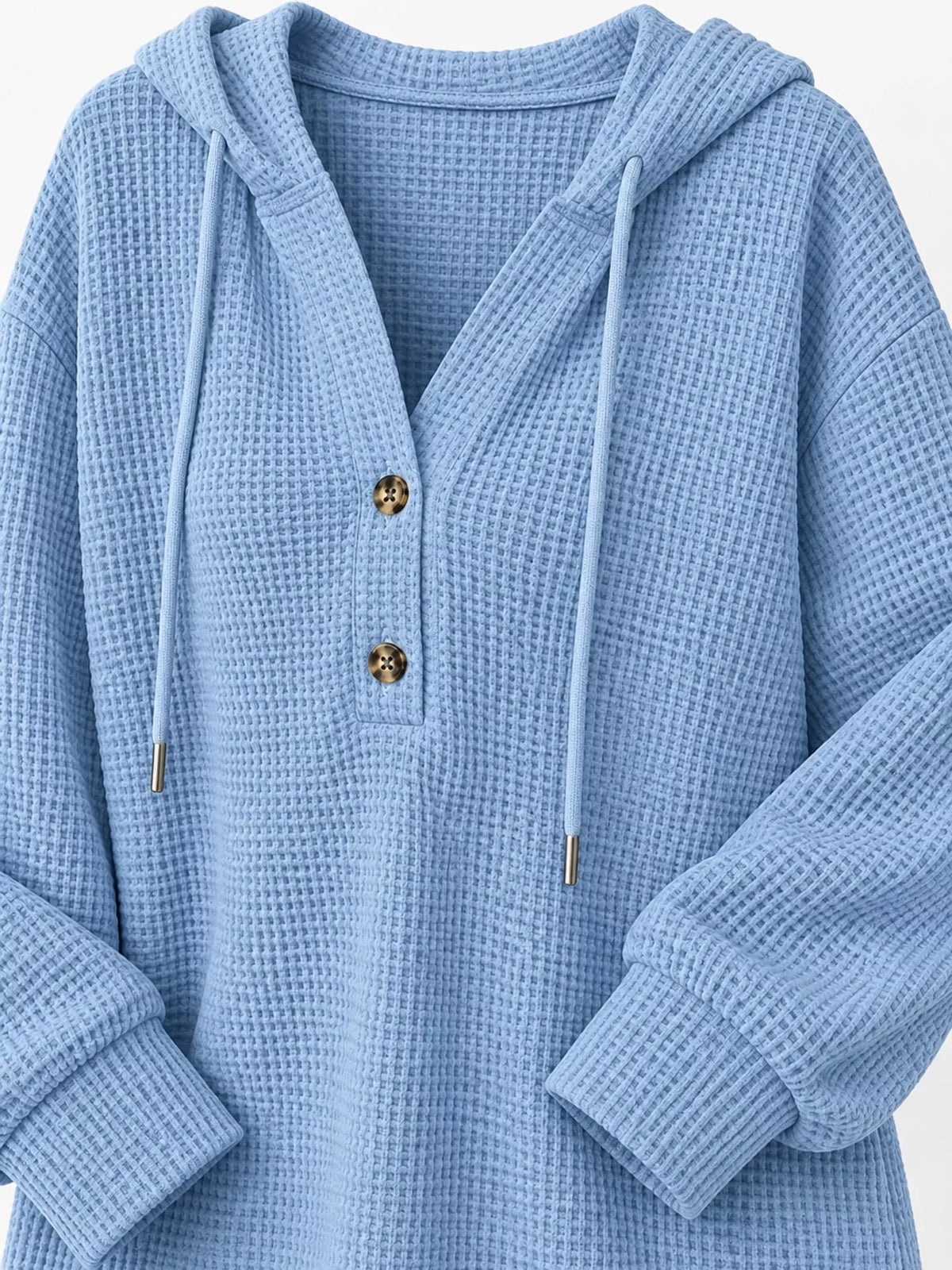 Waffle-knit button hoodie, light blue, long sleeves, drawstring hood