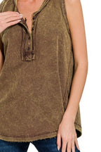 Washed Sleeveless Henley – Raw Edge Half-Button Tank Top
