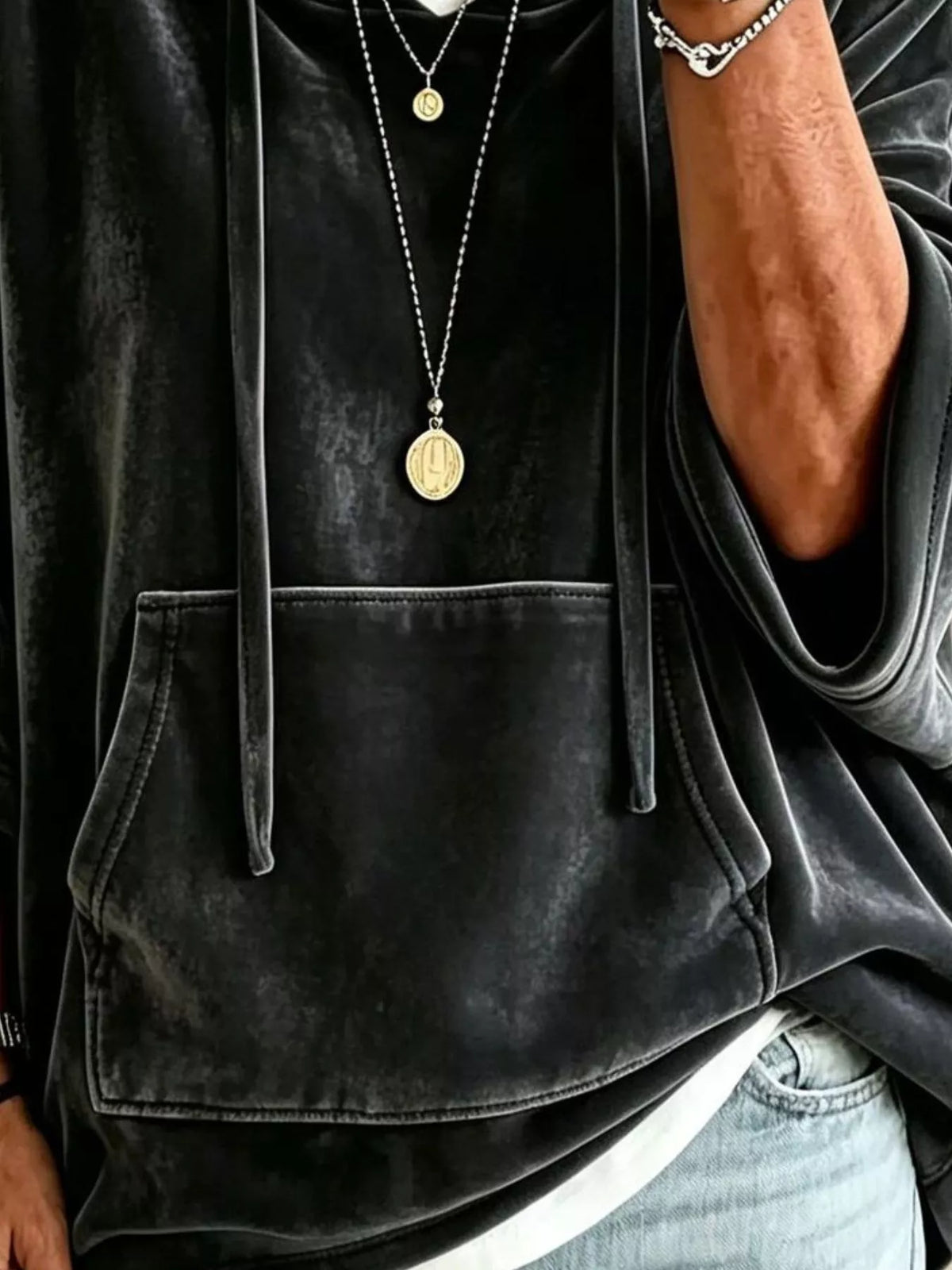 Black velvet kangaroo pocket hoodie with hood and drawstring front