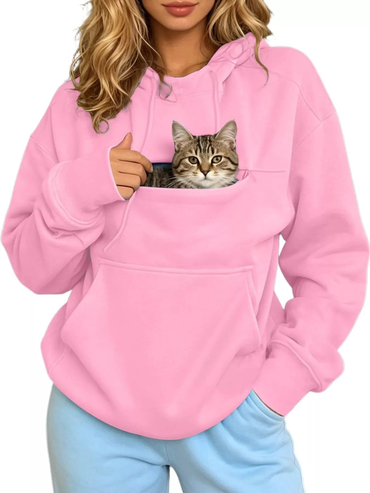 Pink cat pouch drawstring hoodie with hood, featuring a cat face in the pouch